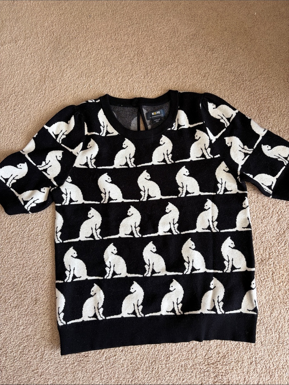 Maeve Black and White Cat-Print Crewneck Sweater